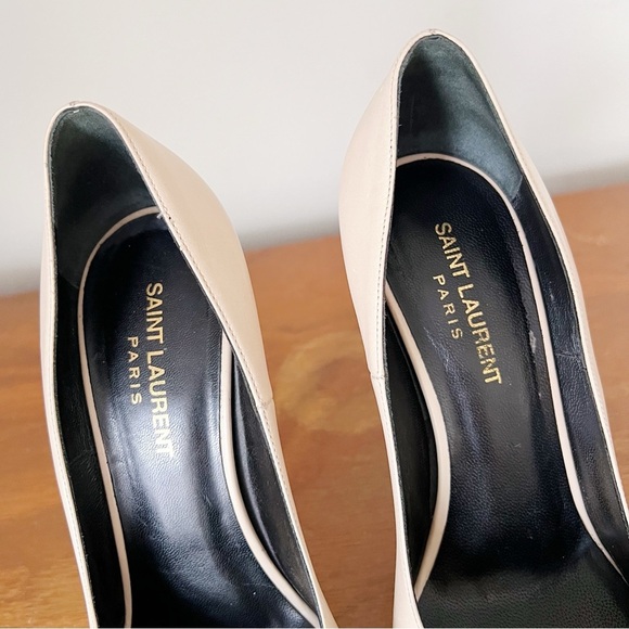 SAINT LAURENT • Janis 105 Cap-Toe Platform Pump two tone beige nude black heels - Picture 4 of 14